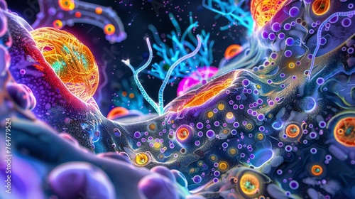Artistic rendition of a cells interior, highlighting the endoplasmic reticulum, mitochondria, and vacuoles with a fluorescent palette