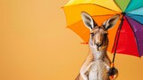 Cheerful kangaroo with a colorful umbrella, enjoying a sunny day, on a simple yet striking solid color background