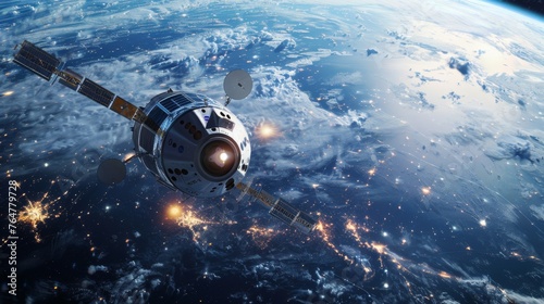 Rendering showcases futuristic space station (satellite) orbiting Earth, with sleek metallic structures and solar panels extending into the vastness of space.