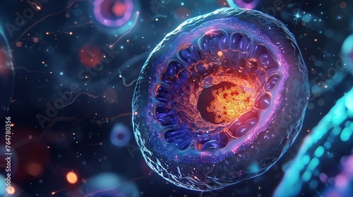 Closeup of an animal cell, with a spotlight on the cell membrane, nucleus, and ribosomes, exuding a cosmic glow photo