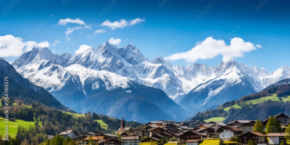 village in the mountains snowy peaks Generative AI