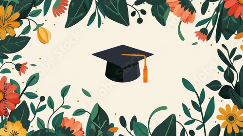 Charming graduation cap illustration amidst a vibrant floral array, a beautiful symbol of academic achievement and natural growth.