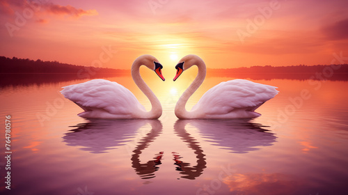 Deux cygnes face    face sur un lac  devant un beau coucher de soleil. Amour  forme de coeur. Animaux  sauvage  oiseau. Pour conception et cr  ation graphique.