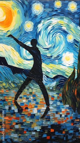 Dancing man in the night city. Oil painting on canvas.