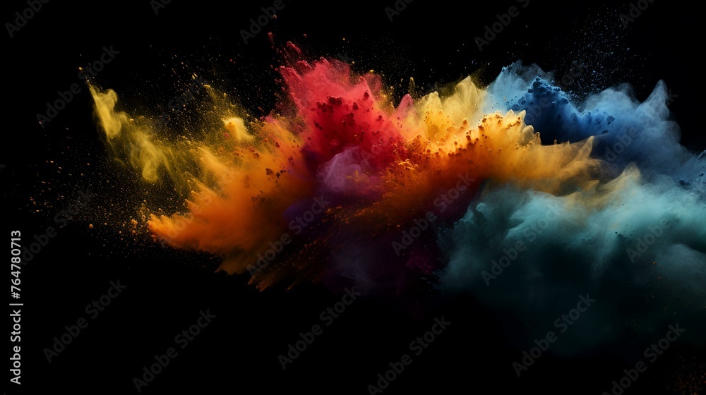Explosion of colored powder, isolated on black background. Abstract colored background