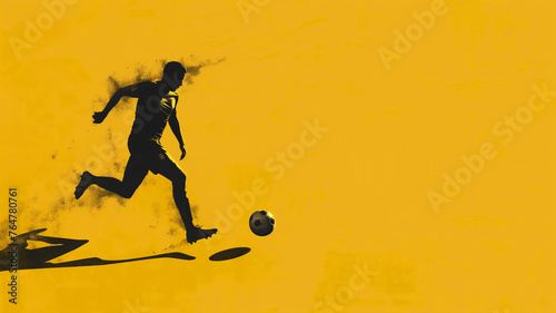 Silhouette of a soccer player dribbling on a vibrant yellow background. © Ritthichai