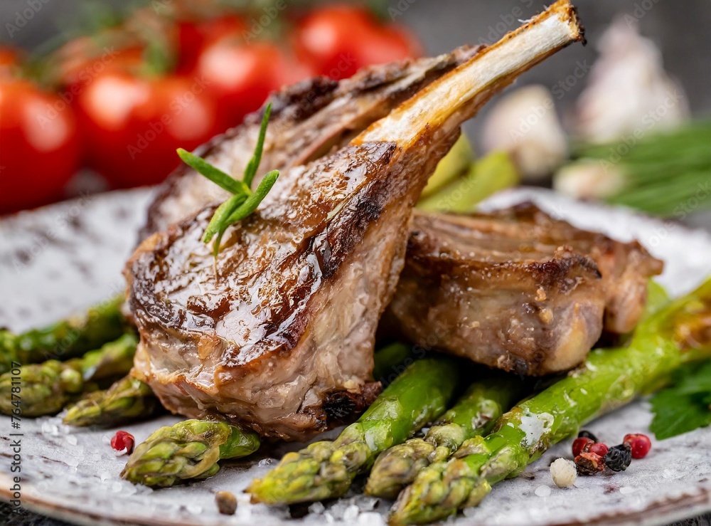 Grilled lamb chops with asparagus. British Cuisine Traditional Gourmet Dish.