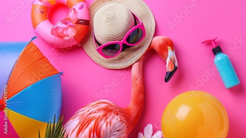 Flamingo adorned with sunglasses and a widebrim hat, surrounded by summer essentials like a beach ball and sunscreen, on a vibrant pink background photo