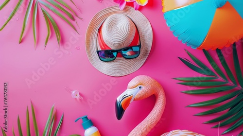 Flamingo adorned with sunglasses and a widebrim hat, surrounded by summer essentials like a beach ball and sunscreen, on a vibrant pink background photo