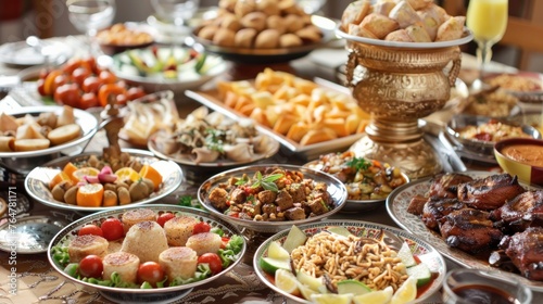 Variety of Arabian food during traditional Iftar meal on Ramadan. 