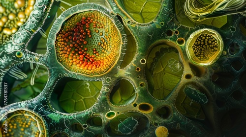 Highresolution crosssection of a plant cell, emphasizing chloroplast and mitochondrias synergy, under a microscopic lens photo
