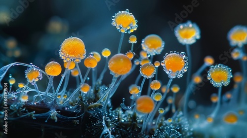 Intimate glimpse into the world of Stemonitis slime mold, with droplets reflecting its surreal, filamentous structures photo