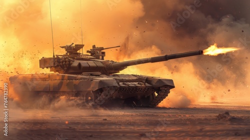 A tank is seen in combat, emitting large amounts of smoke from its exhaust. The tanks turret is rotating, indicating active engagement in warfare.