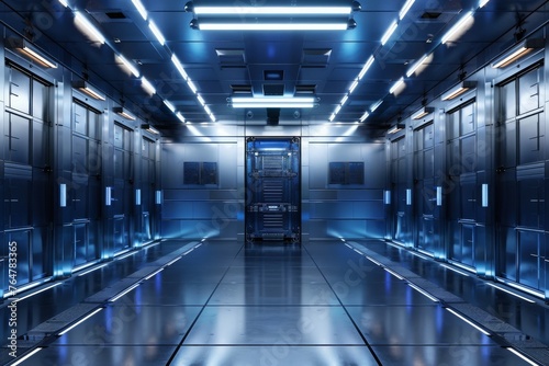Image of a high security steel room Used for sheltering or system testing. Sci-Fi concept 3D rendering.