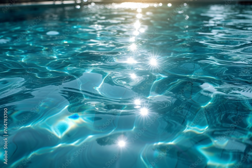 Bright blue water surface in a clean pool with waves, reflecting the summer sun.
