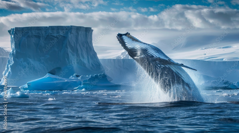 Fototapeta premium A dynamic shot capturing the moment a humpback whale breaches the surface of the water, showcasing its incredible power and grace as it jumps high into the air.