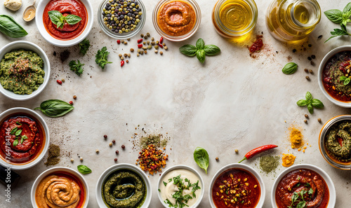 Fototapeta Naklejka Na Ścianę i Meble -  Vegan/ vegetarian sauces and spices in jars and bowls seen from above, healthy food top view wallpaper kitchen	 with copy space
