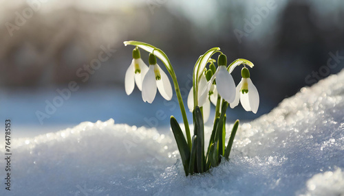 Beautiful snowdrop flowers in the snow on a bokeh background