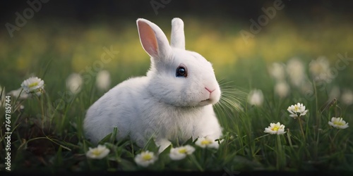 Cute little white rabbit sitting in the grass and daisy flowers