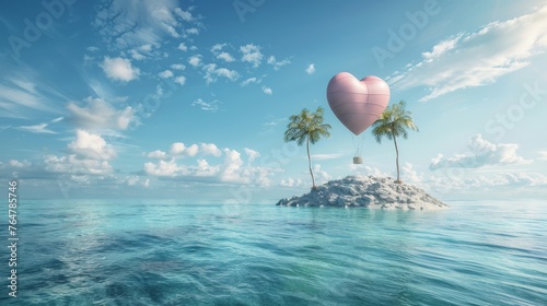 On a tropical island, two palm trees stand tall against a clear blue sky. A heart-shaped balloon floats gracefully between the trees, adding a touch of whimsy to the serene landscape.