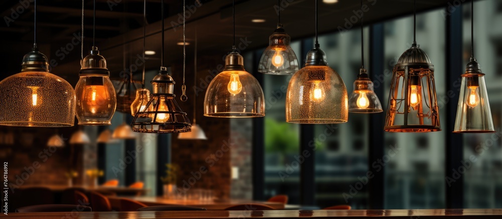 A cozy restaurant with an abundance of lights suspended from the ceiling, creating a warm and inviting ambiance