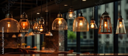 A cozy restaurant with an abundance of lights suspended from the ceiling, creating a warm and inviting ambiance