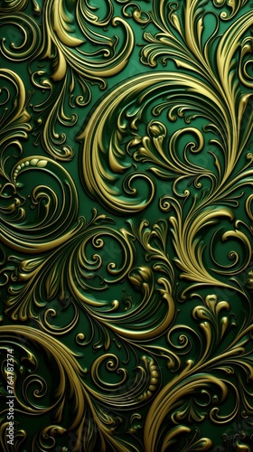Wallpaper pattern with green and golden ornamental flowers. Green floral damask ornament.