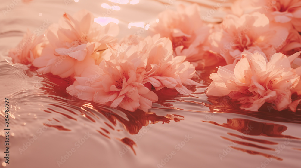 Gros plan sur des fleurs de cerisiers roses flottant sur une eau de couleur rose pâle. Reflet de lumière sur l'eau. Douceur, féminin, beauté. Pour conception et création graphique.