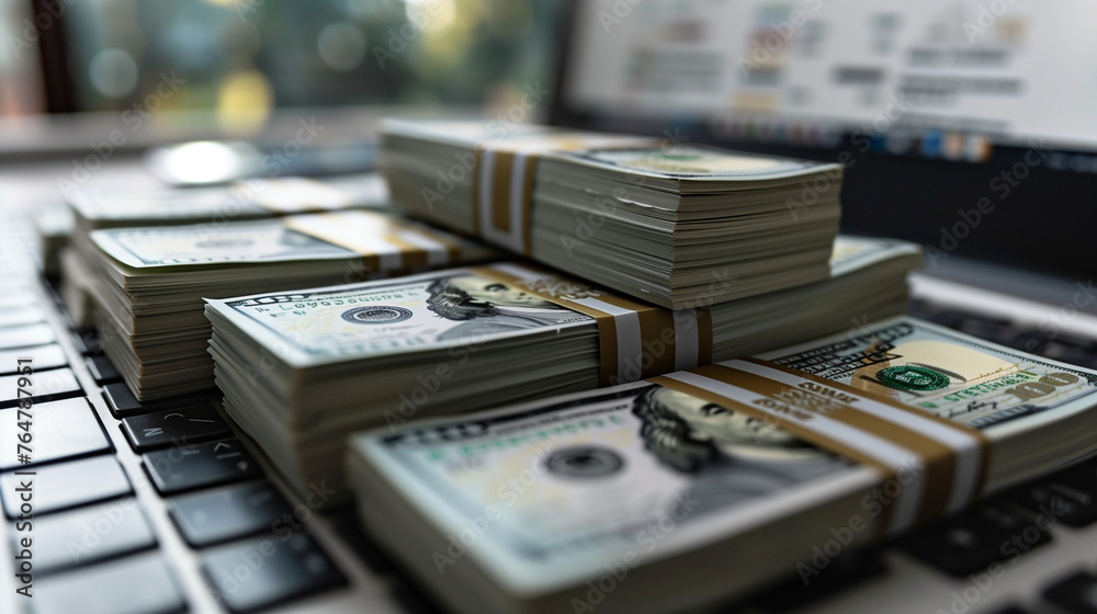 Stacks of hundred dollar bills on a laptop keyboard. Stacks of hundred dollar bills on a laptop keyboard.