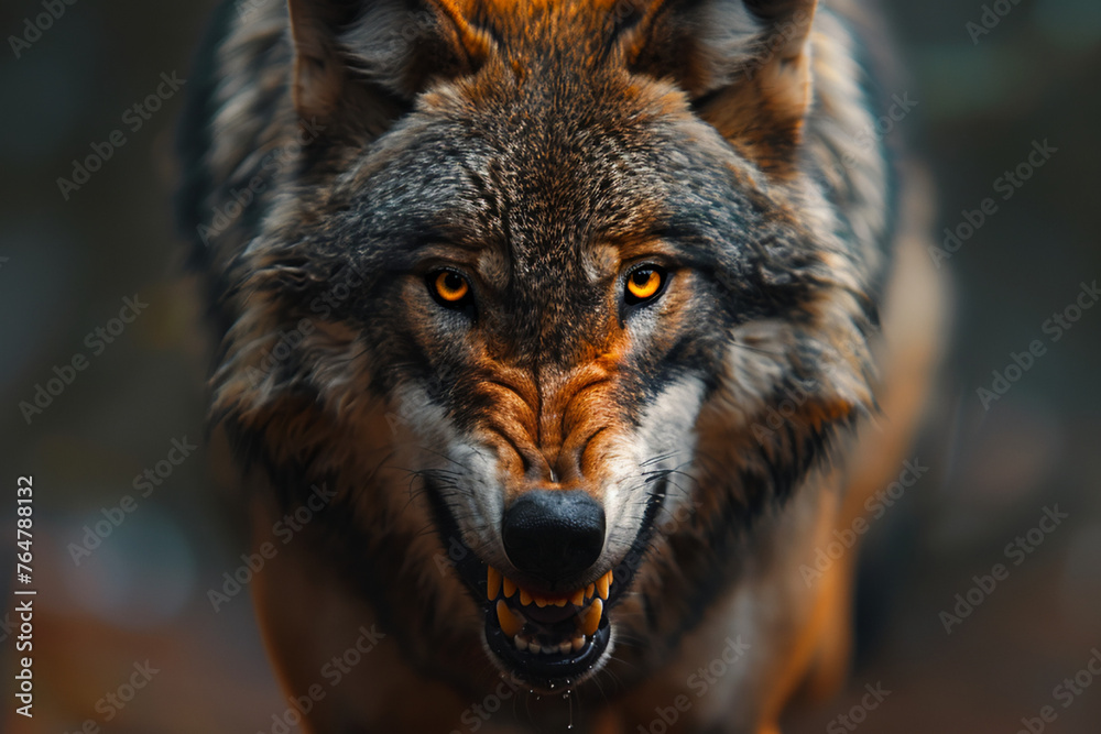 Naklejka premium full body portrait of an angry endangered wolf in ultra-realistic style the hyper-detailed photo captures the wolf s intense gaze and realistic features. the blurred background adds depth