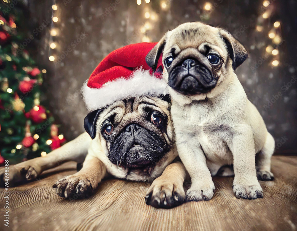 Old pug and a pug puppy wearing a Santa hat.