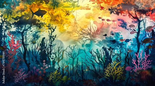 A watercolor scene of a traditional underwater amazon river  wit