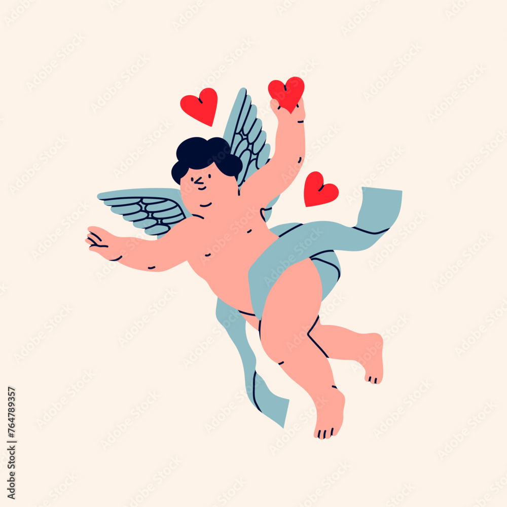 Naklejka premium Cupid or cherub with hearts. Cute flying character. Hand drawn trendy Vector illustration. Isolated design element. Valentine's Day, romantic holiday celebration concept. Logo, icon, print template