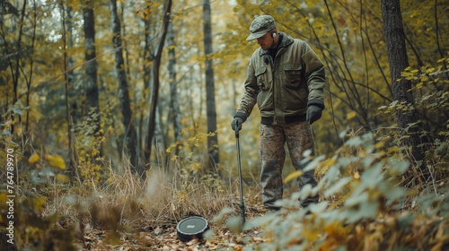 Man with metal detector searching for treasures in the colorful autumn woods.