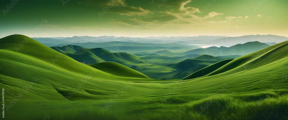 Abstract green landscape wallpaper background illustration design with hills and mountains, generative ai, generative, ai Abstract green landscape wallpaper background illustration design with hills and mountains, generative ai, generative, ai
