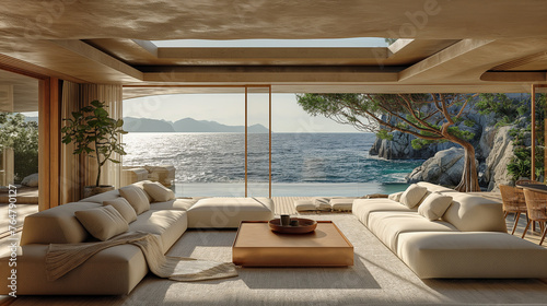 interior of a modern living room in beige tones with a panoramic window and ocean views