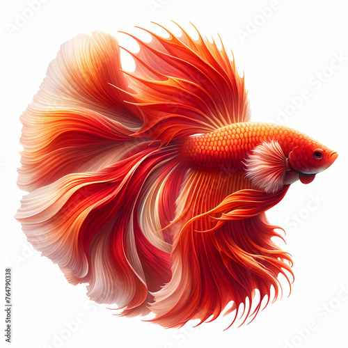 A full-body image of a Veiltail Betta fish, featuring a dynamic Red and Orange color pattern. The fish should be detailed. © bteeranan