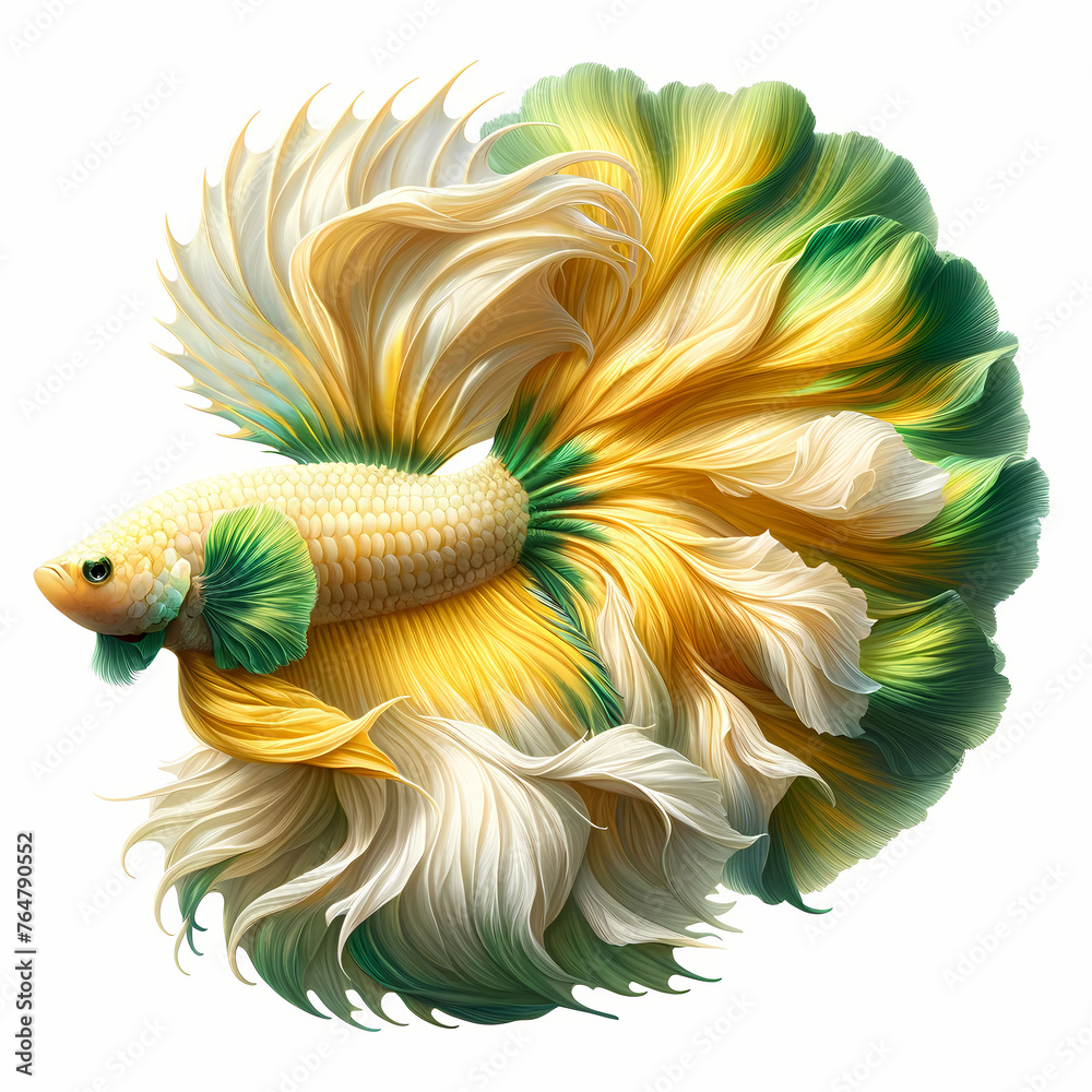 A  full-body image of a Veiltail Betta fish, adorned with a refreshing Yellow and Green color pattern. The fish should be intricately.