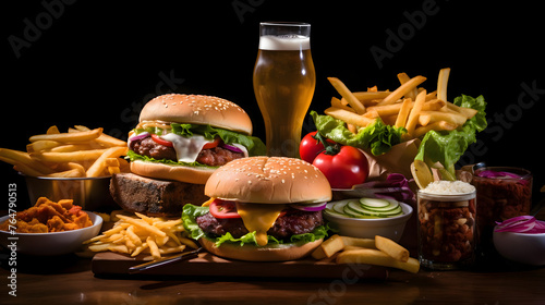 Cheese burger - American cheese burger with Golden French fries and cold beer
