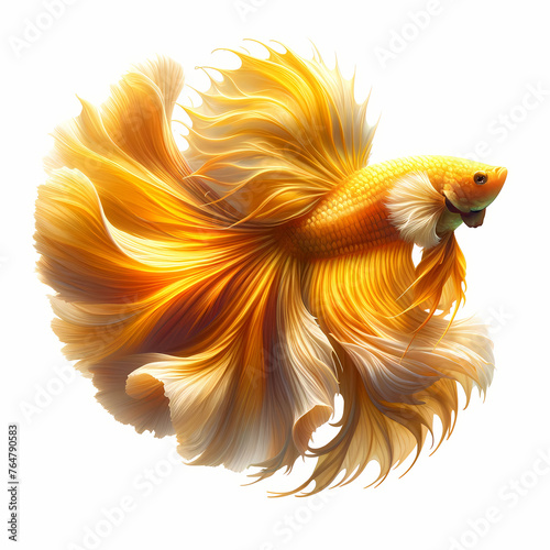  A full-body image of a Veiltail Betta fish, showcasing a warm Yellow and Orange color pattern. The fish should be detailed © bteeranan
