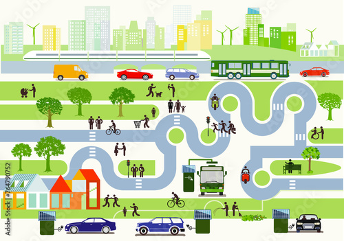 Stadt mit Umweltschutz, Verkehr und Häusern, illustration