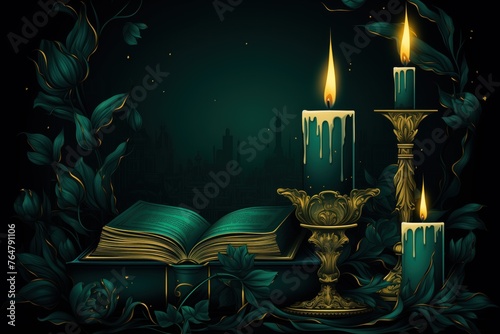 Relaxing mood composition with burning candles and book
