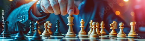 Close-up of a hand playing chess symbolizing strategy