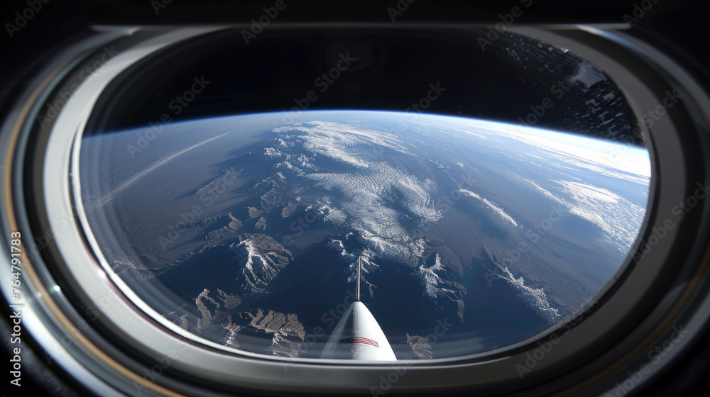 View of Earth seen from inside an airplane window, showcasing the planets landscapes and atmosphere View of Earth seen from inside an airplane window, showcasing the planets landscapes and atmosphere