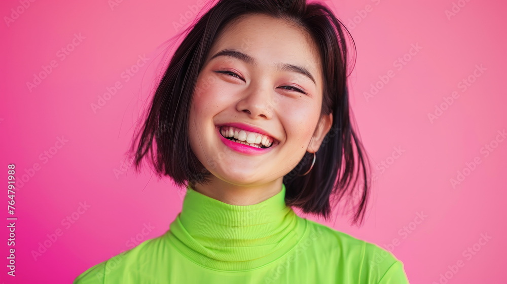 Exuberant Joy: Asian Woman Laughing with Eye-Catching Green Top on Pink Background Exuberant Joy: Asian Woman Laughing with Eye-Catching Green Top on Pink Background