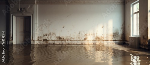 A close-up view of a room with water covering the floor and a window in the background photo
