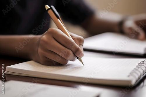 A person’s hand holding a pen, writing on a notebook, symbolizing education, learning, or journaling