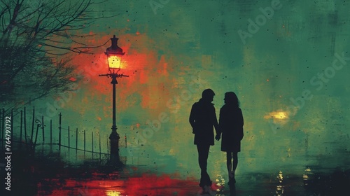 A couple on a first date  sharing nervous laughter and stolen glances under a flickering street lamp  the air thrumming with unspoken anticipation. photo