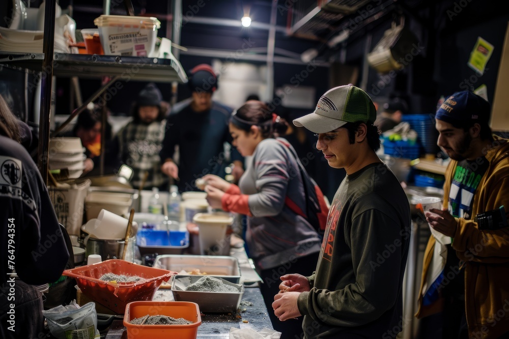 Candid shot of a group of people bustling in a kitchen, preparing food, chopping ingredients, and cooking together