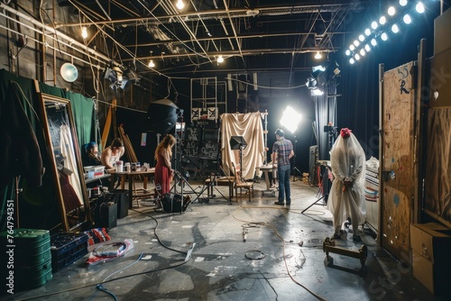A candid shot of performers preparing backstage with costumes, makeup, and props visible. The focus is on the interaction between the group photo